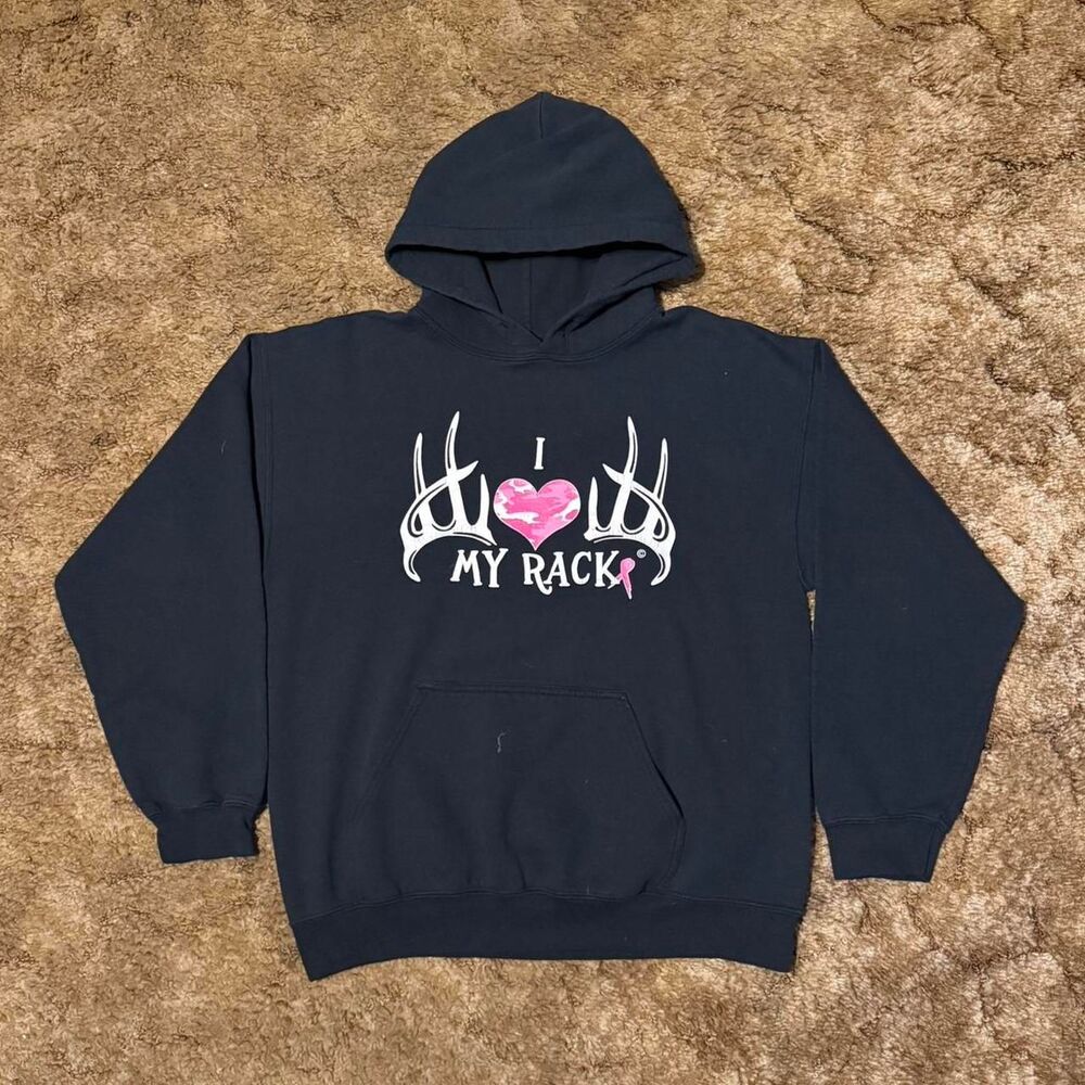 Vintage Y2K "I Love My Rack" Deer Antler Pink Camo Hunting Hoodie Black Medium